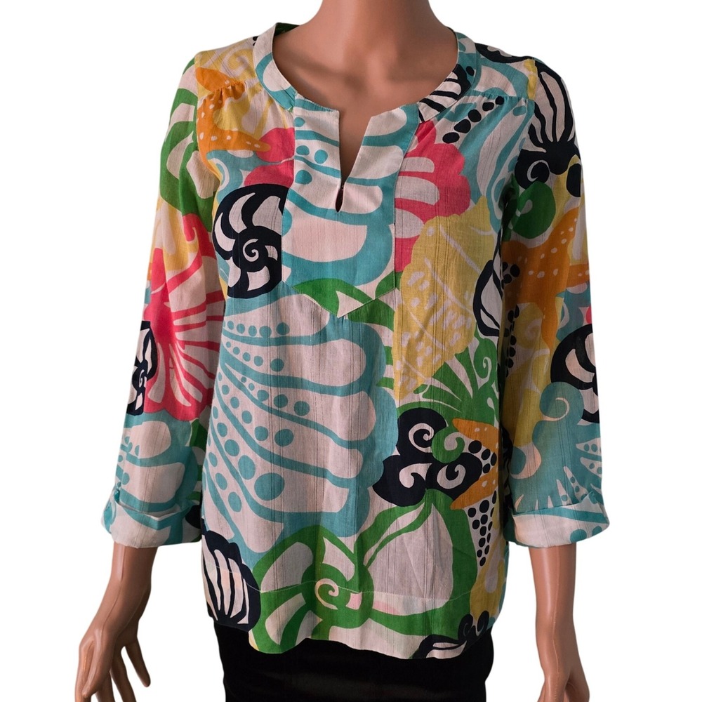 Lilly Pulitzer XS Colorful Print 3/4 Sleeve V-Neck Tunic‎ Top Blouse